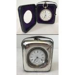 A 800 silver cased pocket watch in silver covered easel travel case/stand.
