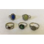 5 pretty vintage silver rings set with stones.
