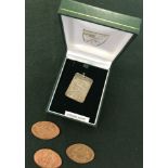 A boxed Norwich City FC Centenary silver pendant (no chain) with 3 centenary flattened pennies.