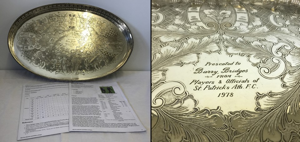 A silver plated presentation tray given to "Barry Bridges" from players and officials in 1978.