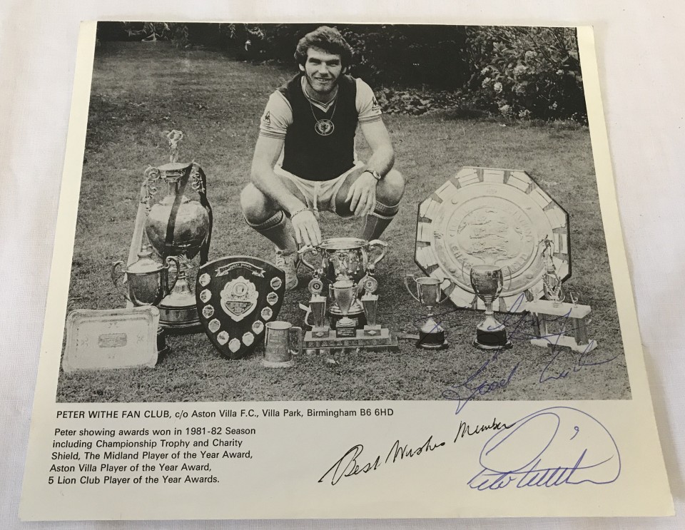 A signed black and white photograph of Peter With, playing for Aston Villa.