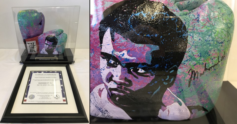 A cased pair of Muhammad Ali signed boxing gloves, also painted with portrait of Ali by Bill Lopa.