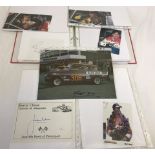 A folder of signed photo's & autograph cards of famous racing drivers plus leaflets & press cuttings