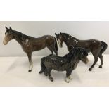 3 Beswick brown gloss ceramic horse figurines.