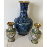 3 cloisonné vases. A large bulbous vase of blue colouration,