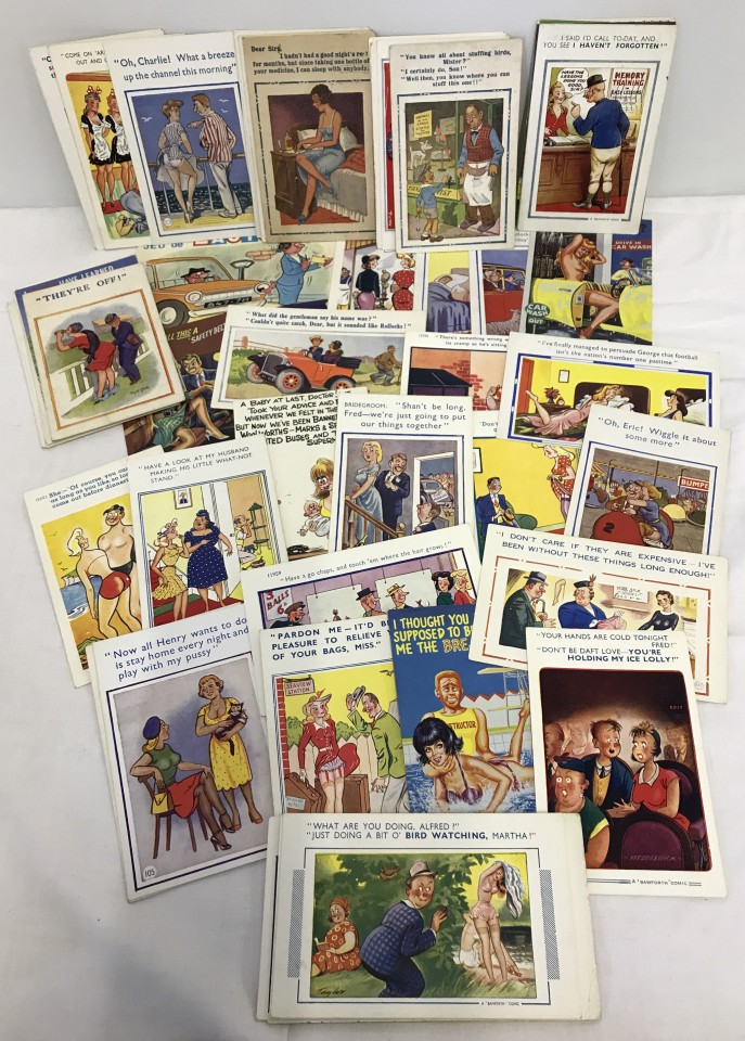 A quantity of 61 vintage comical postcards mostly unwritten.