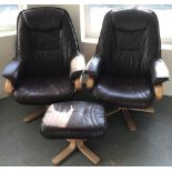 2 Danish leather reclining armchairs with a matching foot stool.