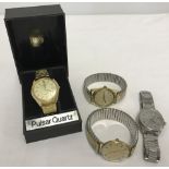 4 vintage gents wrist watches to include a boxed Pulsar Quartz with paperwork.