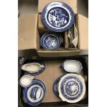 2 boxes of assorted Willow pattern ceramics.