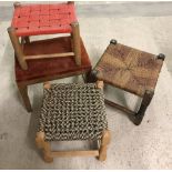 4 vintage wooden framed foot stools to include dark wood bobbin legged string topped stool.