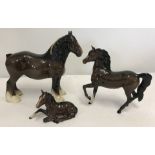 3 brown gloss ceramic horse figurines by Royal Doulton.