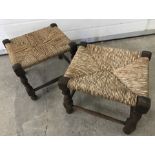 2 vintage dark wood string top stools with barley twist legs.