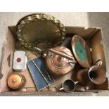 A box of assorted brass and copper ware items to include copper kettle and brass plaques.