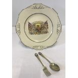 A King George V & Queen Mary Silver Jubilee EPNS & enamel fork & spoon with Art Deco pattern plate.