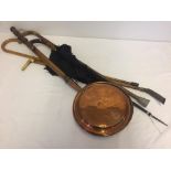 A small quantity of misc items to include brass bed pan, walking sticks and riding crop.