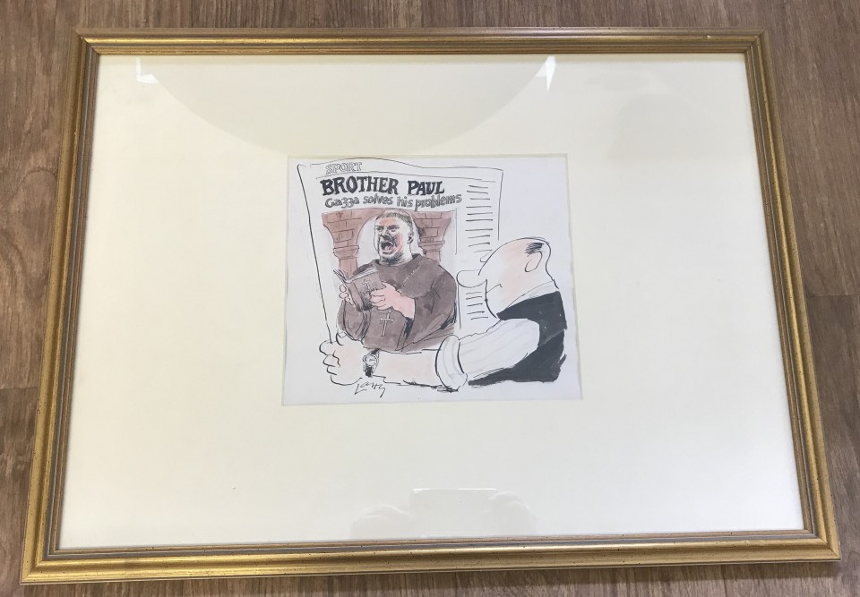 Original 'Larry' Terence Parkes watercolour football cartoon 'Brother Paul'.