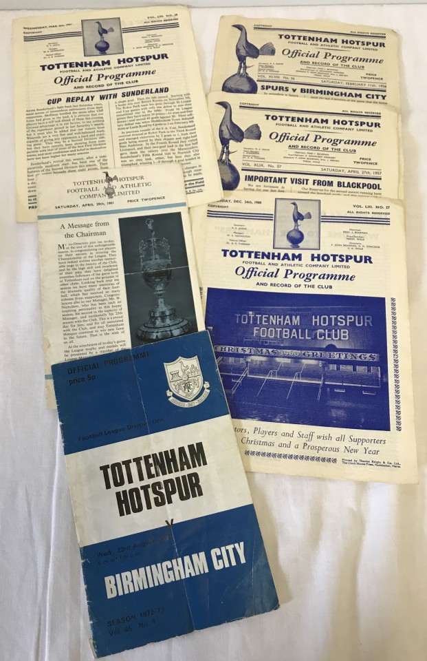 6 vintage Tottenham Hotspur home football programmes. 1956 to 1972.