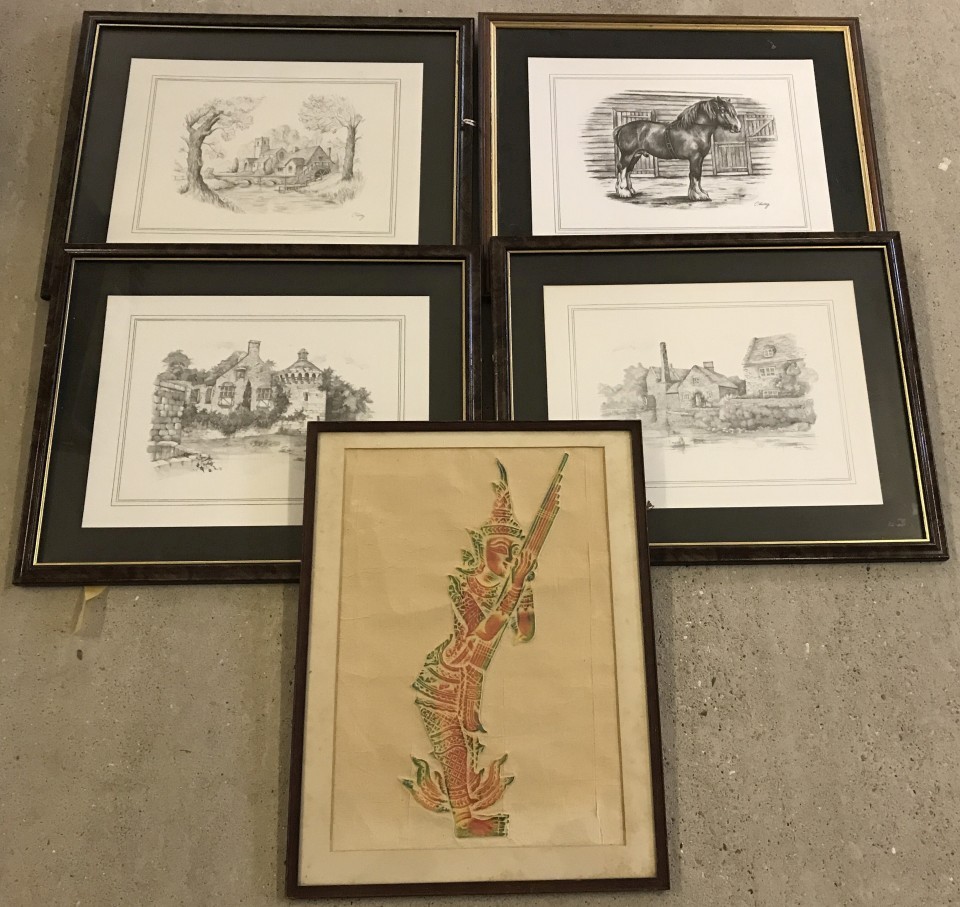 A box of framed and glazed prints to include watermills and an embossed oriental deity.