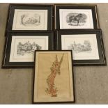 A box of framed and glazed prints to include watermills and an embossed oriental deity.