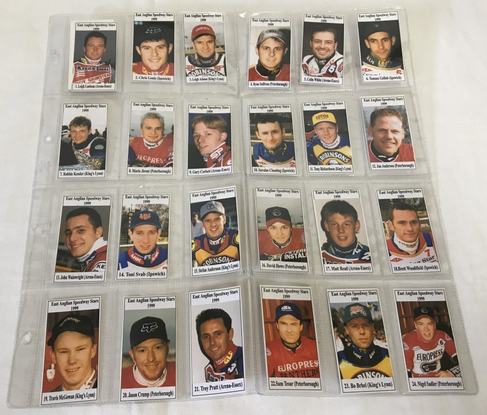 A set of 25 speedway rider portrait cards. 'East Anglian Speedway Stars 1999'.