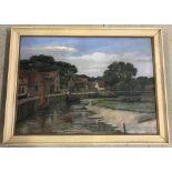 Jean Lunn - oil on canvas of a town riverside scene.