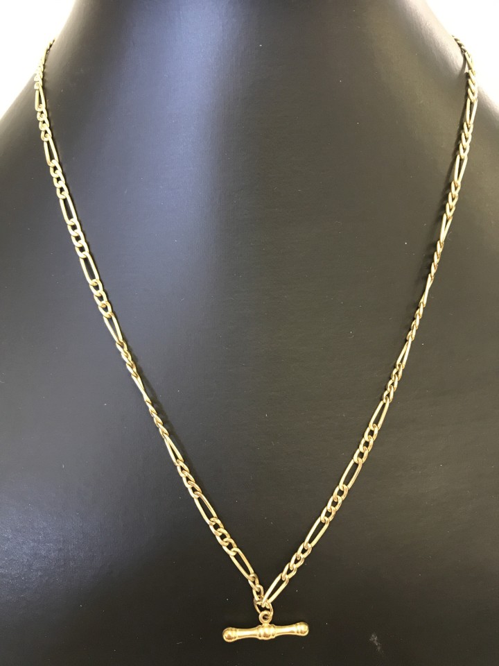 9ct gold fancy link chain necklace with 'T' bar hanging from the central point.