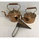 A 19th century copper 'asses ear' wine mull, together with 2 19th century copper kettles.