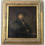 After Rembrandt - oil on oak panel, self-portrait copy.