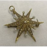Vintage 14ct yellow gold, pearl set, star brooch / pendant.