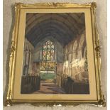 Early 20th century watercolour of a church interior.