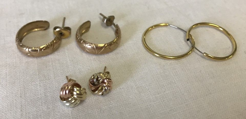 3 pairs of 9ct gold earrings.