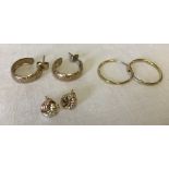 3 pairs of 9ct gold earrings.