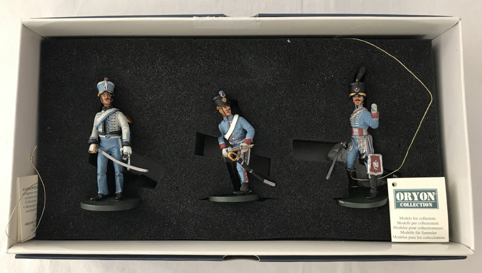 A boxed Orion 3 piece set of lead Napoleonic soldier figures.