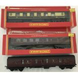 2 boxed Hornby 00 gauge carriages. Together with a Tri-ang unboxed train carriage.