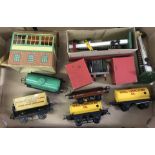 A box of Hornby O gauge railway tankers, wagons & accessories.