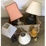 A box of assorted table lamps with shades.