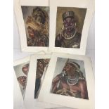 A collection of coloured prints from original paintings by Joy Adamson of African tribes people.