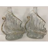 2 vintage Cognac Larsen, France clear glass ship shaped decanters.