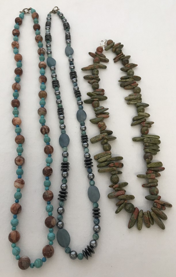 3 natural stone necklaces to include jasper and turquoise stones.