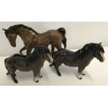 3 Royal Doulton ceramic horse figurines in brown gloss finish.