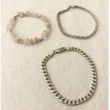 3 silver and white metal bracelets. To include Rose Quartz chips and 2 marked 925.