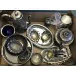 A box of assorted silver plated items to include tea pots, dishes, tankard and coasters.