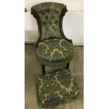 A decorative Victorian circular seated bedroom chair with turned front legs and ceramic casters.