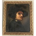 After Rembrandt - 19th century oil on canvas. Portrait of a soldier in a hat.