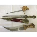 3 modern ornamental knives with gold tone handles to include one in sheath (handle a/f)