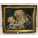 A oil on board miniature depicting a small child with an elderly bearded gentleman.