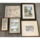 A small collection of coloured scenic prints, mostly framed and glazed.