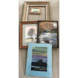 A collection of 4 framed pictures and a vintage frame.