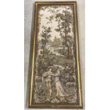 A gilt framed and glazed tapestry depicting river scene with classical figures.