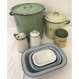 A collection of vintage kitchen enamel ware.